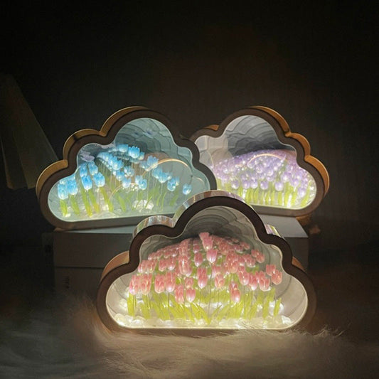 Handcrafted DIY Cloud Tulips Mirror LED Night Light For Gift USB plug Plug-In Tulips Lamp