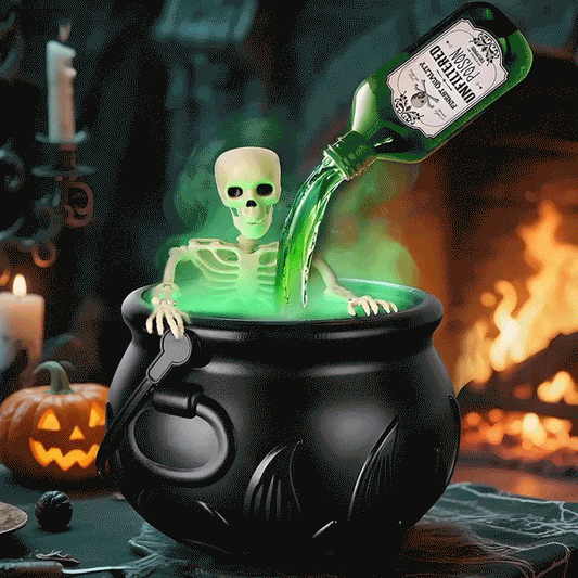 Flame Witch Cauldron Halloween Decoration Skull Potion Brewing Bucket with Floating Poison Bottle Spooky Party Prop